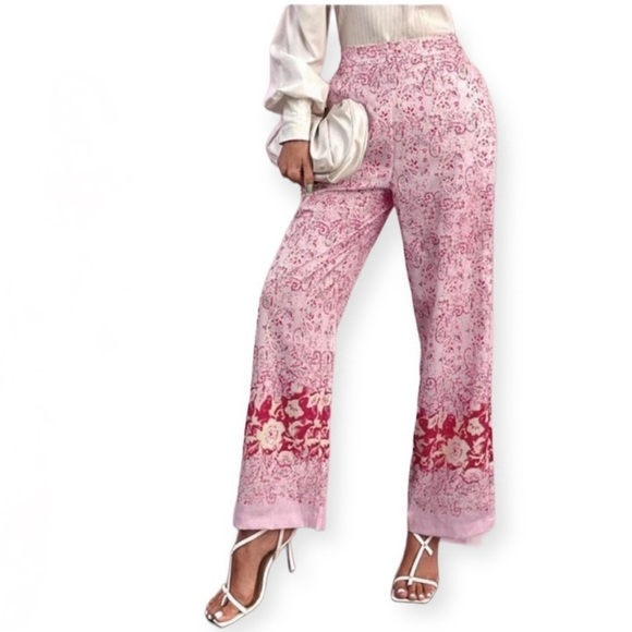 ZARA Linen Blend Paisley Floral Printed Pull On Wide Leg Trousers Size L NEW - Picture 1 of 7